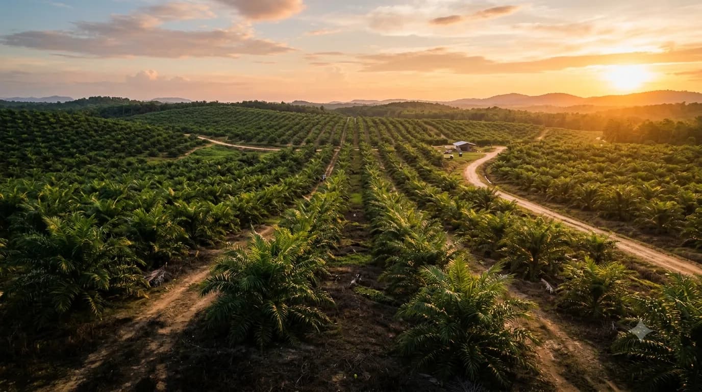 Pemandangan udara perkebunan kelapa sawit yang luas saat matahari terbenam