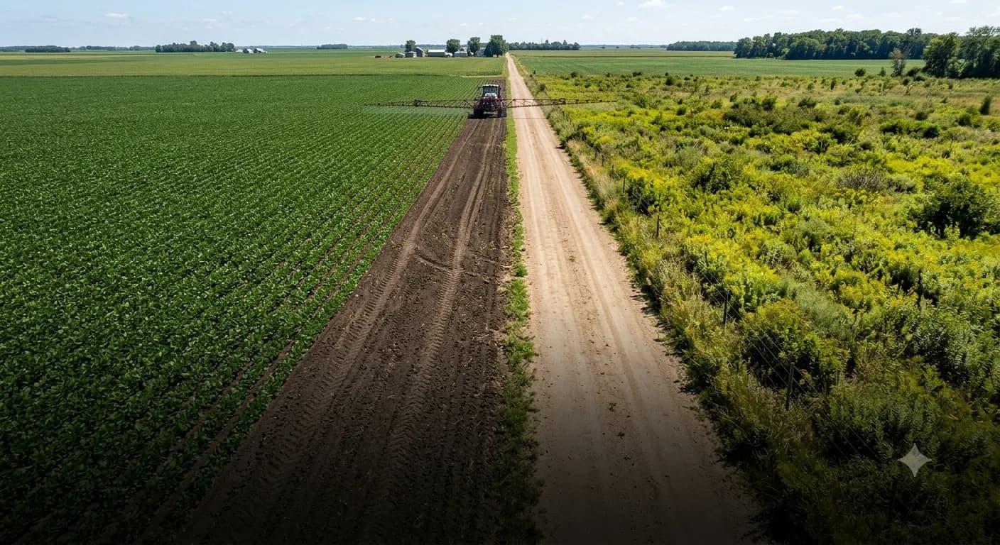 Sebuah traktor menyemprotkan tanaman di ladang pertanian yang luas